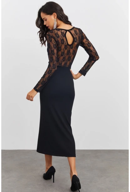 Kadın Siyah Sırtı Dantel Midi Elbise EY2485