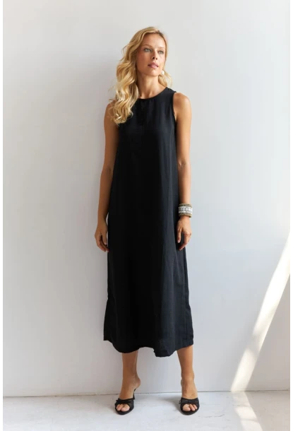 Kadın Siyah Sırtı Düğmeli Midi Keten Elbise DMR353