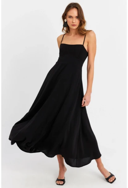 Kadın Siyah Sırtı Gipeli Astarlı Midi Elbise ERL10047