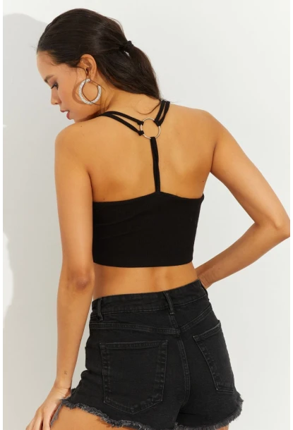 Kadın Siyah Sırtı Halkalı Kaşkorse Crop Bluz B2552