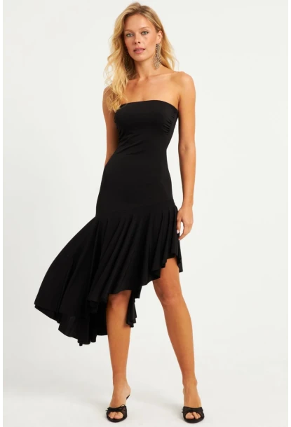 Kadın Siyah Straplez Asimetrik Midi Elbise DMR337