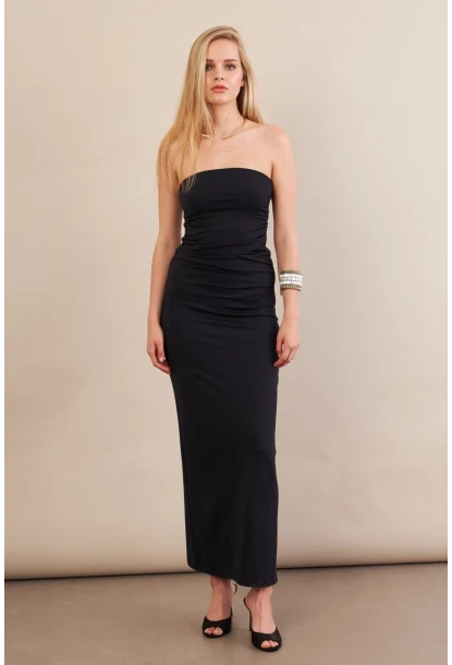 Kadın Siyah Straplez Büzgülü Midi Elbise MX2005
