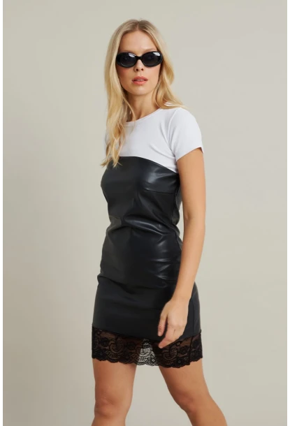 Kadın Siyah Straplez Suni Deri Mini Elbise NH0419