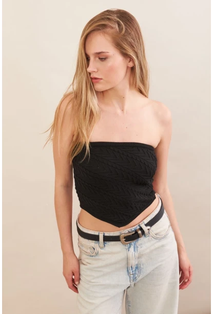 Kadın Siyah Straplez Triko Crop Bluz ZH049