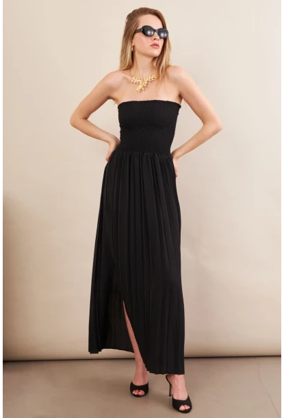 Kadın Siyah Straplez Yaka Midi Elbise MSİ100