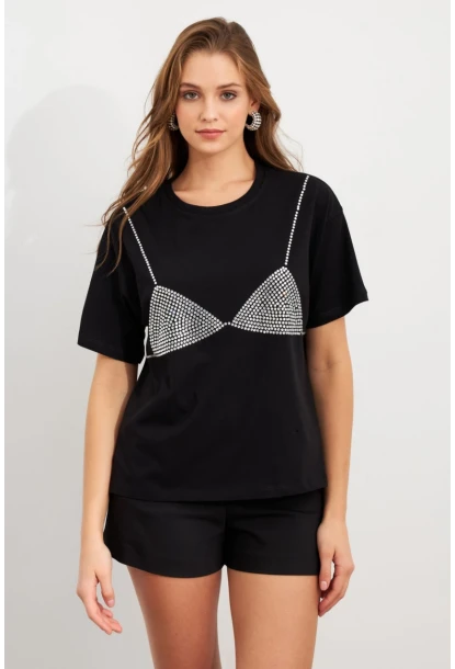 Kadın Siyah Straslı Oversize T-Shirt TPG13