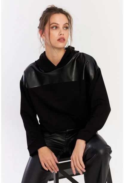 Kadın Siyah Suni Deri Bloklu Kapüşonlu Sweatshirt ST838