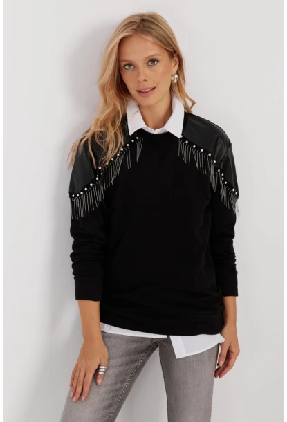 Kadın Siyah Suni Deri Bloklu Sweatshirt PKA807