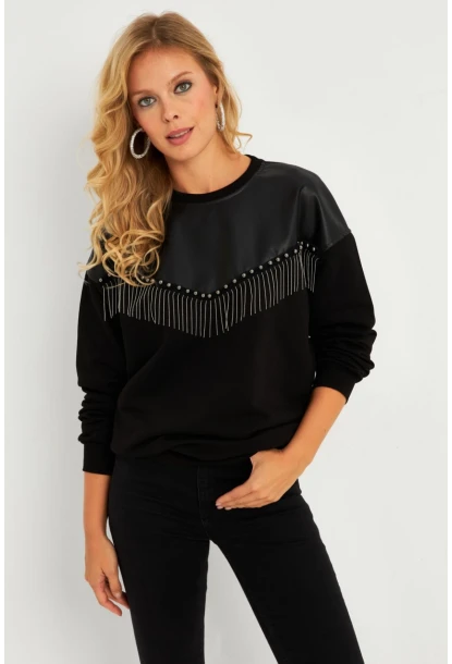 Kadın Siyah Suni Deri Bloklu Sweatshirt PKA808