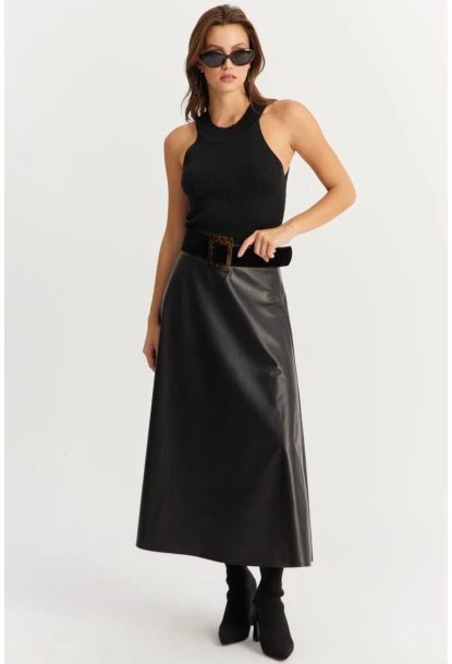 Kadın Siyah Suni Deri Çan Etek ELA113