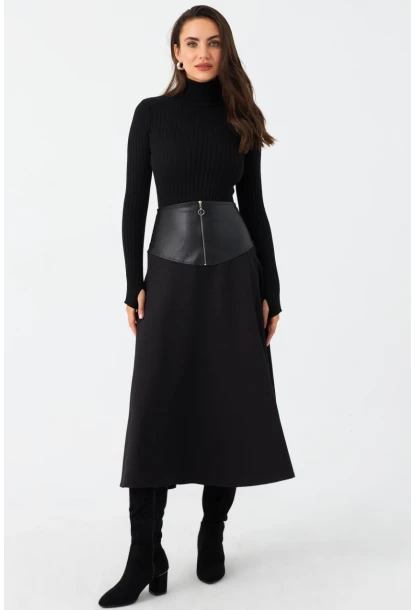 Kadın Siyah Suni Deri Detaylı Çan Etek MNH500