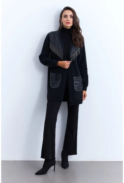 Kadın Siyah Suni Deri Detaylı Zımbalı Hırka MPK809