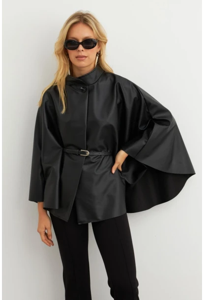 Kadın Siyah Suni Deri Kemerli Panço ELA3084-90