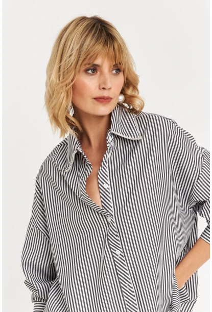 Kadın Siyah Taş Detaylı Çizgili Gömlek KED4088