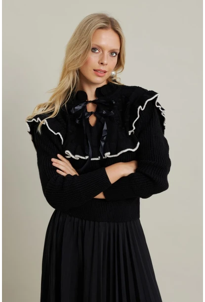 Kadın Siyah-Taş Fırfırlı Triko Bluz MQS1018