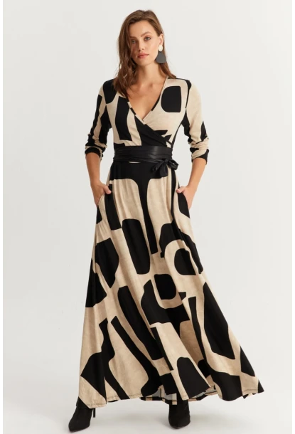 Kadın Siyah-Taş Kruvaze Maxi Elbise VTN3