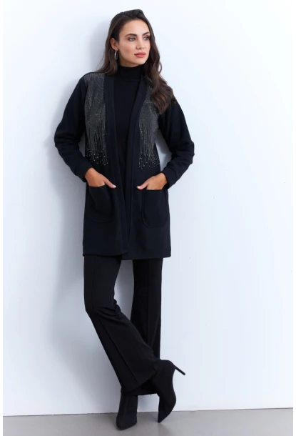 Kadın Siyah Taşlı Cepli Hırka MPK811