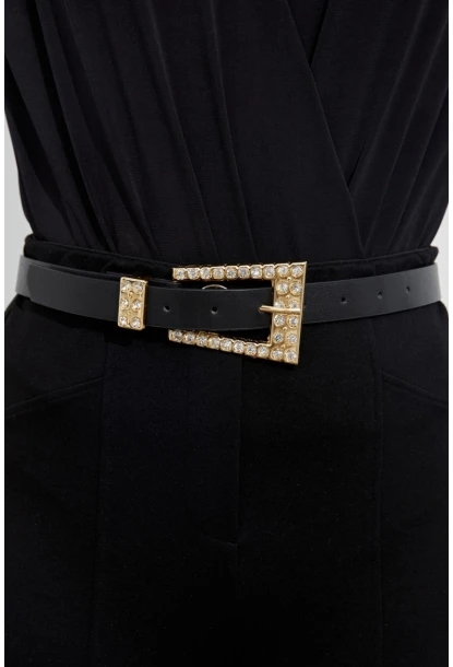 Kadın Siyah Taşlı Gold Tokalı Kemer BE677