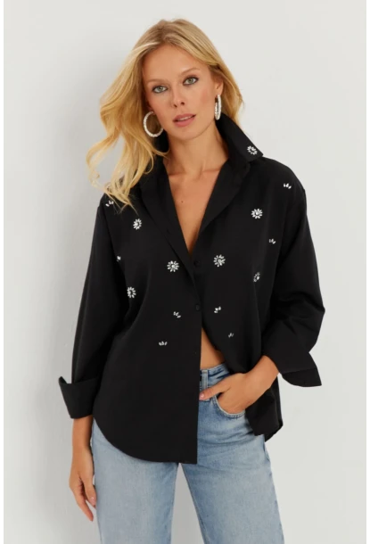 Kadın Siyah Taşlı Gömlek SF2550