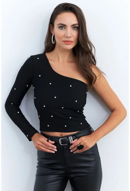 Kadın Siyah Taşlı Tek Kol Crop Bluz HOL2