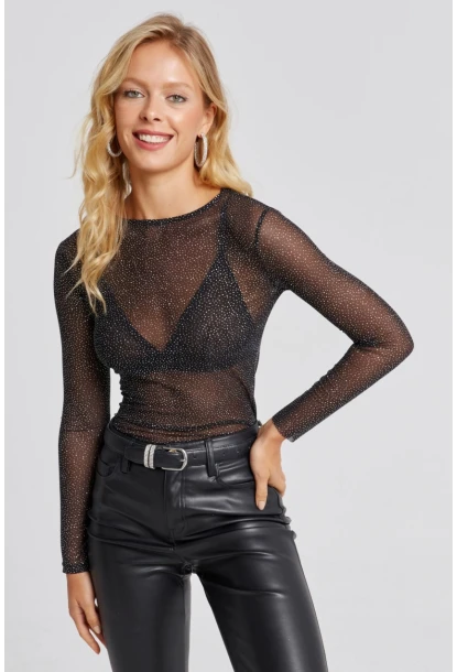 Kadın Siyah Taşlı Tül Bluz LPP1249