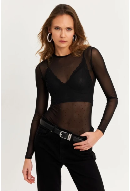 Kadın Siyah Taşlı Tül Body KED2116