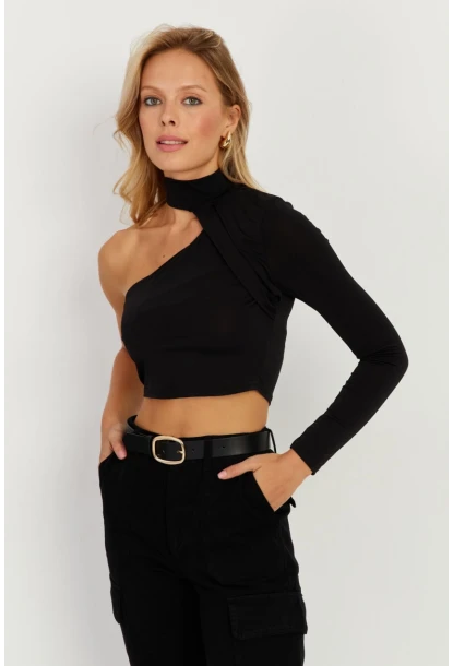 Kadın Siyah Tek Omuz Açık Bluz CY334