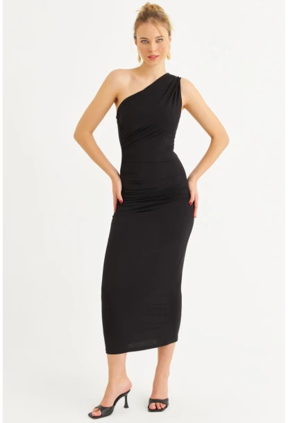 Kadın Siyah Tek Omuz Büzgülü Midi Elbise DMR294-90