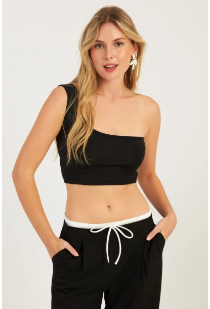 Kadın Siyah Tek Omuz Crop Bluz CG338