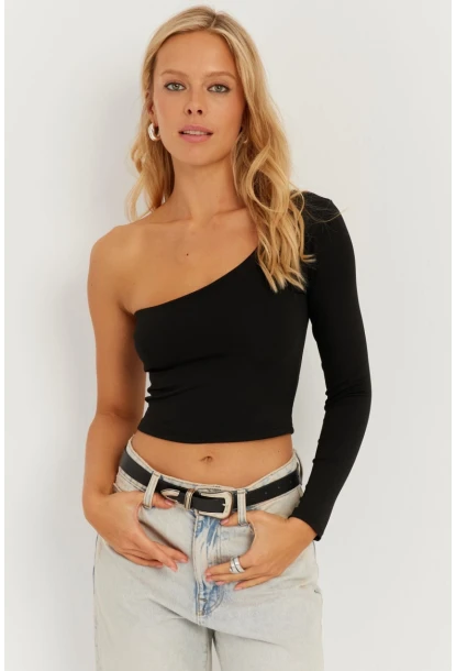 Kadın Siyah Tek Omuz Crop Bluz CY445