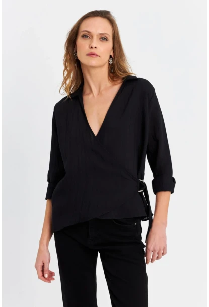 Kadın Siyah Tokalı Kruvaze Gömlek MRS15744