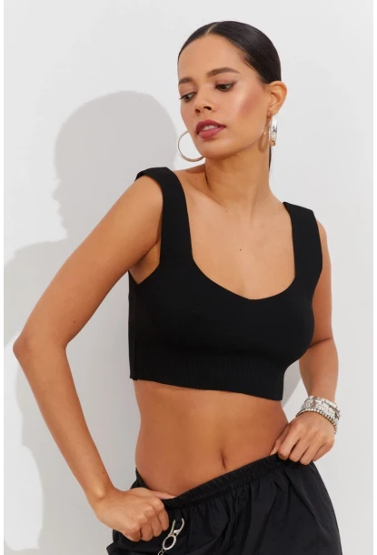 Kadın Siyah Triko Crop Atlet YV118