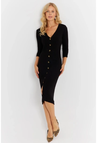 Kadın Siyah Triko Midi Gömlek Elbise YV274