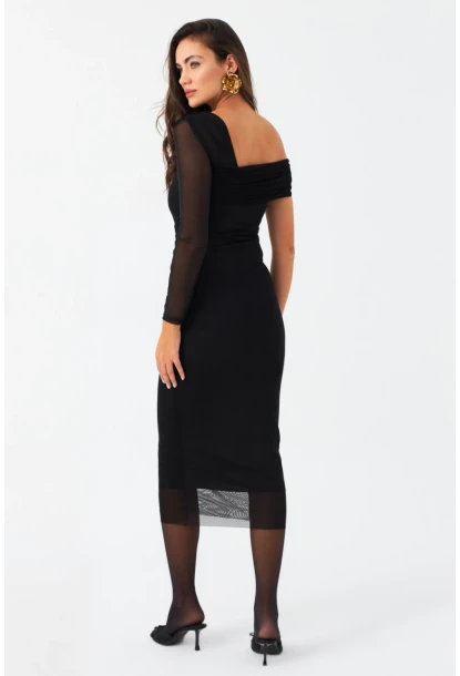 Kadın Siyah Tül Detaylı Büzğülü Astarlı Midi Elbise MON141