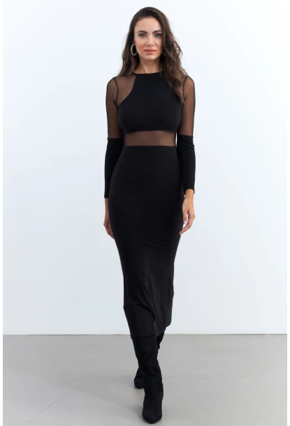 Kadın Siyah Tül Detaylı Midi Elbise ELT3834