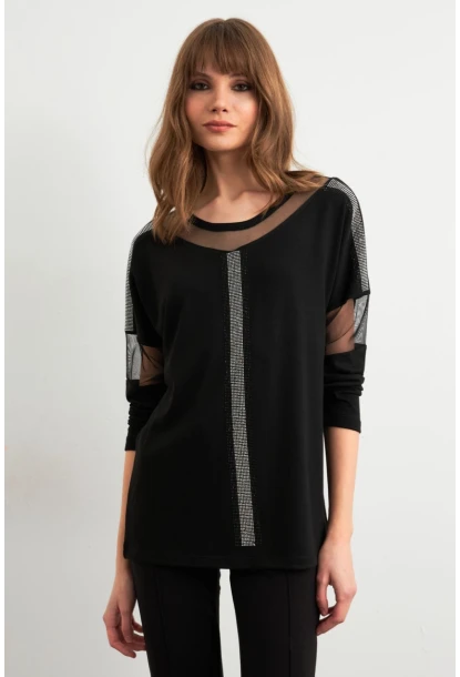Kadın Siyah Tül Detaylı Taşlı Bluz PRO4050