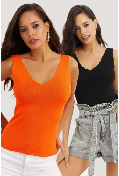Kadın Siyah-Turuncu İkili Merdiven Yaka Triko Bluz YV123