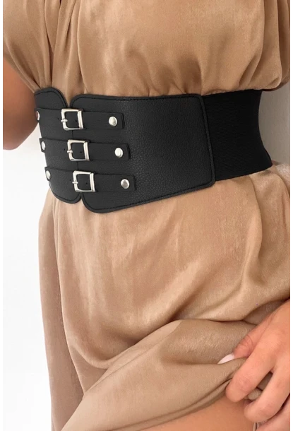 Kadın Siyah Üç Tokalı Lastikli Korse Kemer BE642