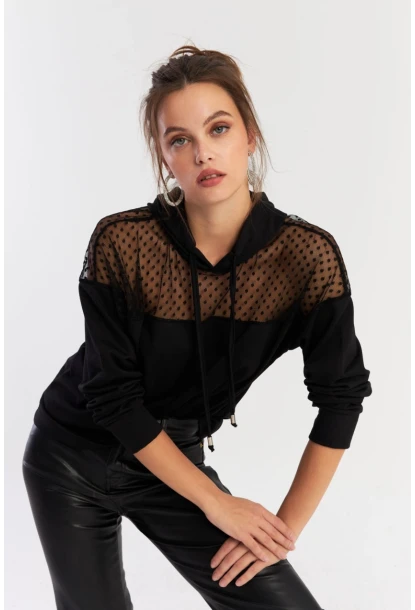 Kadın Siyah Üstü Tül Kapüşonlu Sweatshirt EY2934