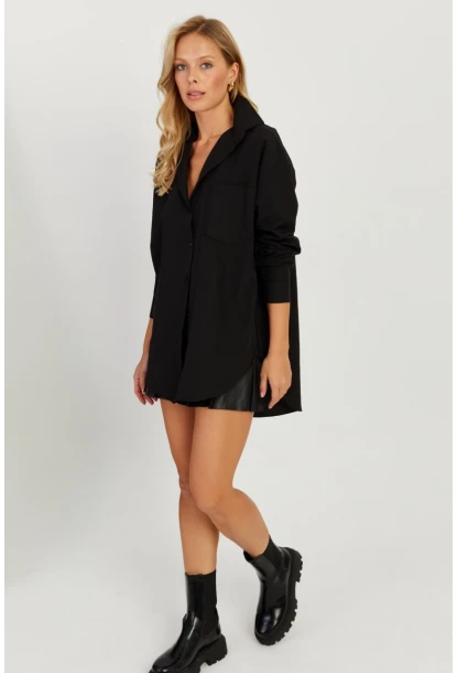 Kadın Siyah Uzun Basic Gömlek SF2535