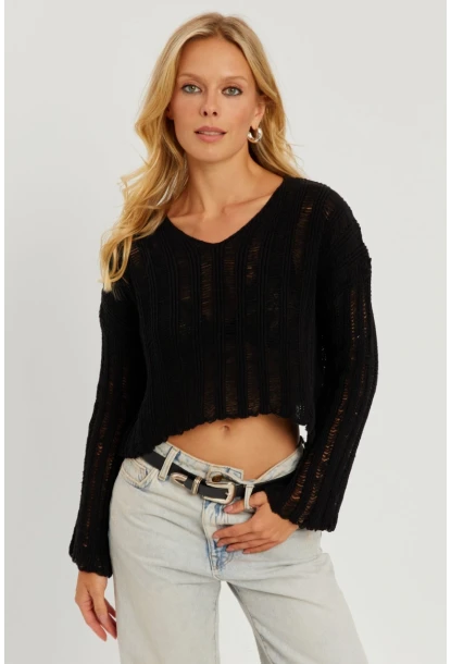 Kadın Siyah V Yaka Ajurlu Triko Bluz YV233