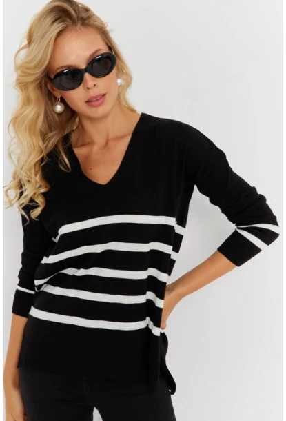Kadın Siyah V Yaka Çizgili Triko Kazak YİL550