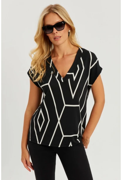 Kadın Siyah V Yaka Desenli Bluz AYD320