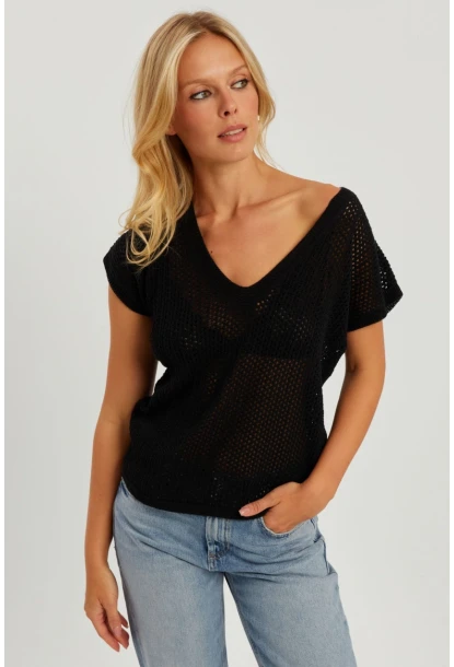 Kadın Siyah V Yaka Fileli Bluz SMT230