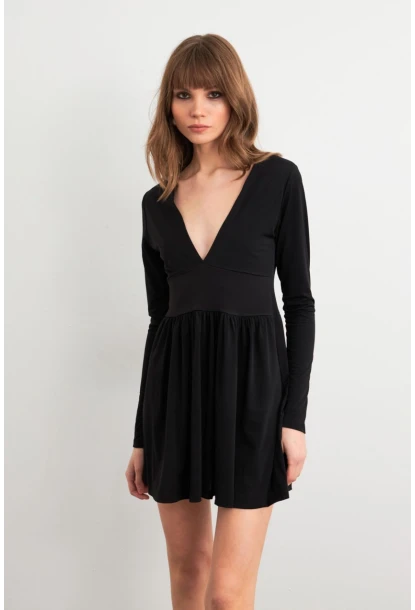 Kadın Siyah V Yaka Mini Elbise LİK17