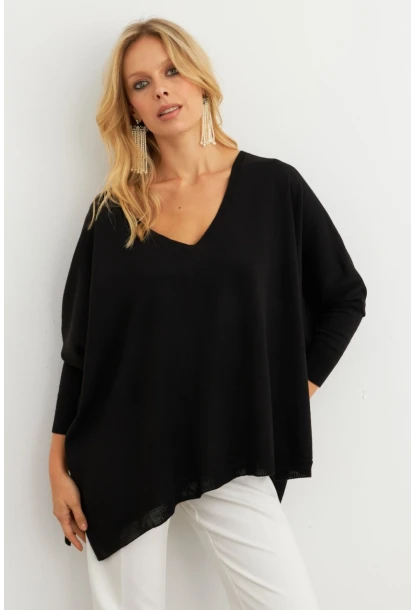 Kadın Siyah V Yaka Salaş Bluz YV304