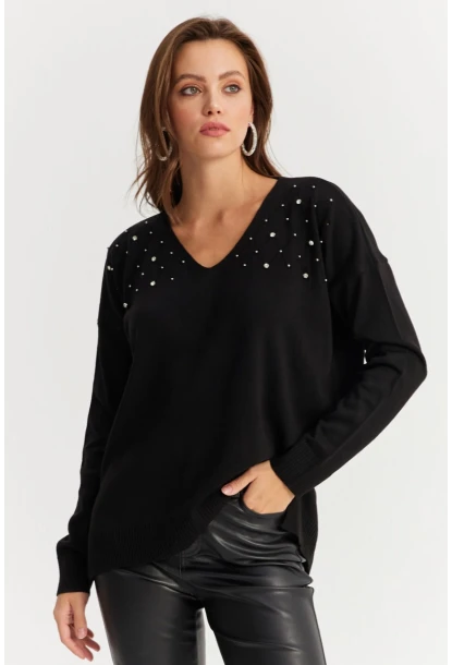 Kadın Siyah V Yaka Taşlı İnce Triko Bluz YİL002