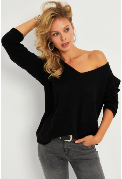 Kadın Siyah V Yaka Triko Bluz YV282