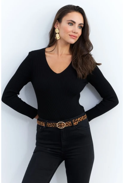 Kadın Siyah V Yaka Triko Bluz YV284