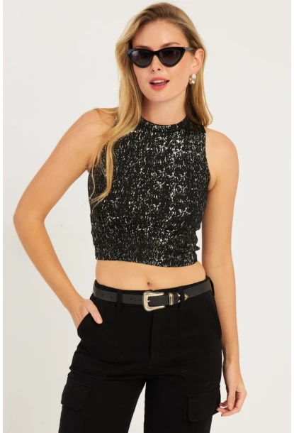 Kadın Siyah Varaklı Bluz KZ2509